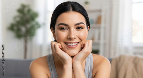Smiling Young Woman with Long Dark Hair, Resting Her Chin on Her Hands, Radiating Joy in a Cozy Indoor Setting Perfect For A Beauty And Fashion Concept Free Download Smiling Young Woman with Long Dark Hair, Resting Her Chin on Her Hands, Radiating Joy in a Cozy Indoor Setting Perfect For A Beauty And Fashion Concept - GFXLoad