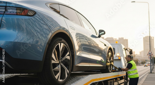Blue Electric Vehicle Being Loaded Onto a Tow Truck at Sunset, with a Male Roadside Assistance Worker in a Reflective Vest Showcasing An Urban Architecture And City Concept