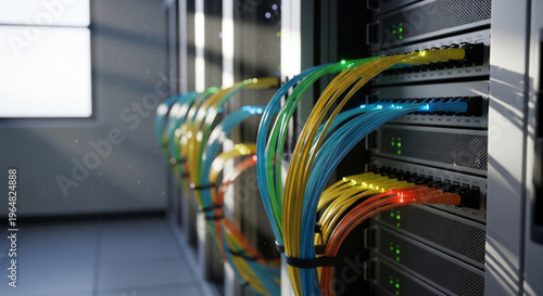 Colorful Network Cables Connected in a Modern Data Center, Showcasing a Vibrant Technology Setup Showcasing An Urban Architecture And City Concept