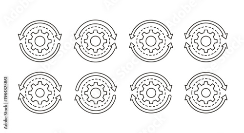Set of circular gear icons featuring intricate cog designs arranged in two rows for technical pattern and graphic resource use.