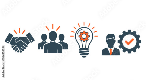 Business teamwork and collaboration icons representing partnership, group dynamics and innovation.