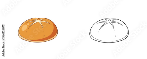 Flat colored and black line art cartoon illustrations of a fresh golden crusty bun representing traditional bakery bread products isolated on white background