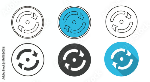 Set of circular arrow icons representing rotation and recycling in blue and gray styles.