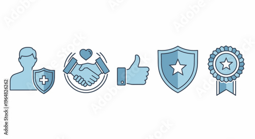 Gentleblue line icons showing teamwork, partnership, and protection with badges and thumbs up for collaboration and recognition.
