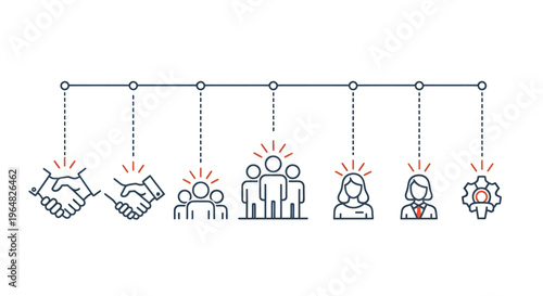 Illustration of teamwork and collaboration in a business setting with meetings and idea sharing.