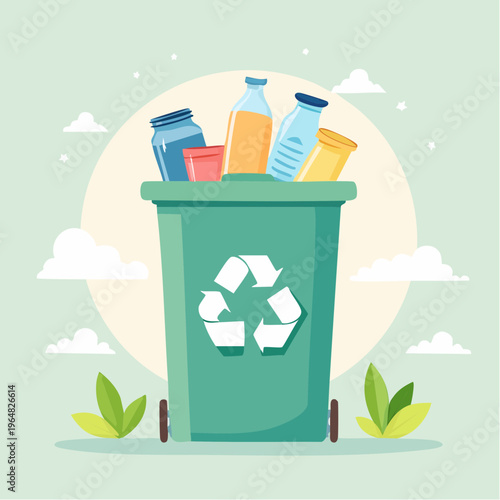 Colorful illustration of green recycling bin with recyclable materials