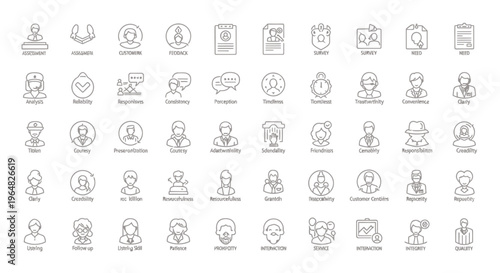 Extensive grayscale grid of line icons depicting diverse symbols and objects for graphic design resources.
