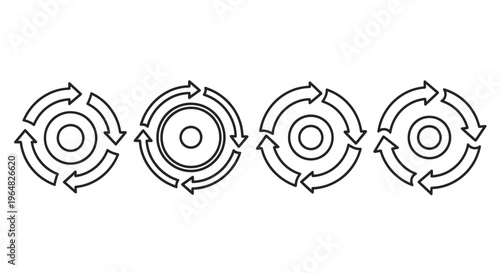 Four circular arrow graphics representing continuous process cycles and repetition in design.