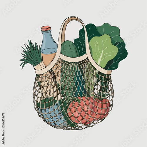 Colorful illustration of reusable mesh shopping bag filled with fresh 