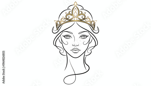 Elegant line art portrait of a woman wearing an intricate golden crown illustration