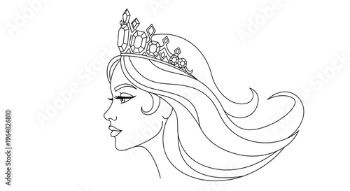 Exquisite profile illustration of a graceful regal figure adorned with an ornate jeweled crown and