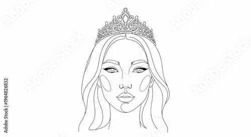 A captivating continuous line art portrait featuring an elegant woman wearing a majestic crown