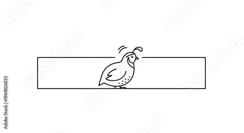 Minimalist quail line art icon within a rectangular frame on a white backdrop, simple and charming