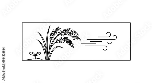 Stylized illustration of growing rice plants influenced by wind currents, depicting agricultural
