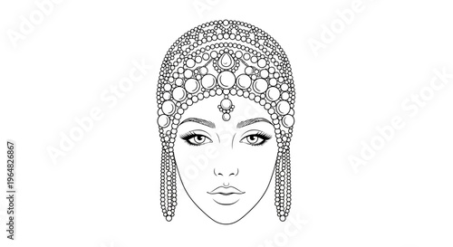 Intricate line art depiction of a woman adorned in a lavish, beaded ornamental headdress