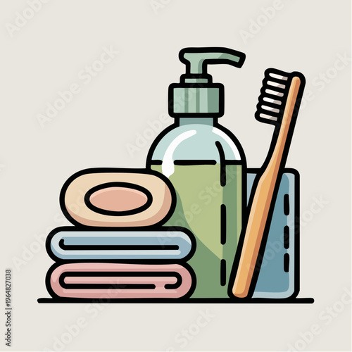 Colorful hand-drawn bathroom essentials flat illustration with toothbr