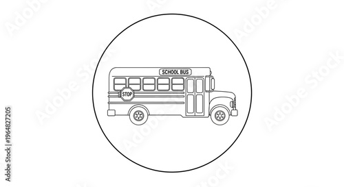 Monochromatic line drawing of a school bus icon with stop sign in a clean circular design for