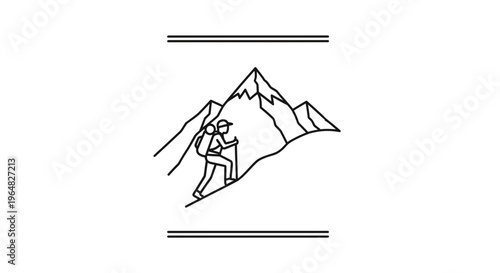 Minimalist graphic portraying a lone adventurer ascending rugged mountain peaks with steadfast