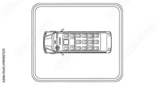 Overhead blueprint illustration of a passenger shuttle bus with seating layout detailed