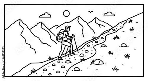Single line art drawing of a hiker ascending a mountain trail with backpack and trekking poles