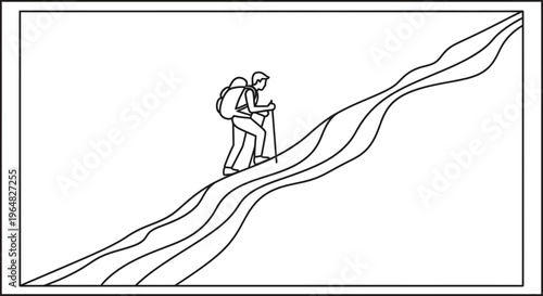 Solo adventurer's uphill journey on a winding trail, symbolizing progress and perseverance in