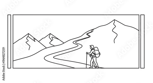 Minimalist outline of a solitary hiker ascending a winding mountain trail toward majestic peaks