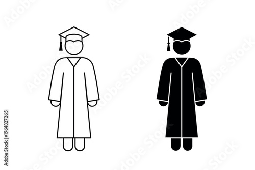 graduate icon, alumnus stick figure, fresh grad stickman, black vector illustration