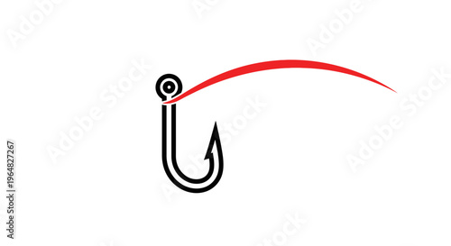 Sleek minimalist fishing hook design with a vibrant red line representing motion and connection
