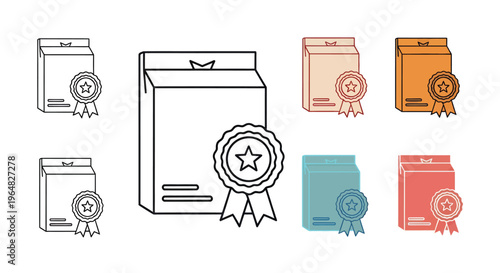 Assorted Certificates and Awards Icons Featuring Seals, Ribbons, and Badges in Different Colors.