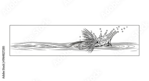 Monochromatic line art illustration of a fishing fly making a dynamic splash in tranquil water