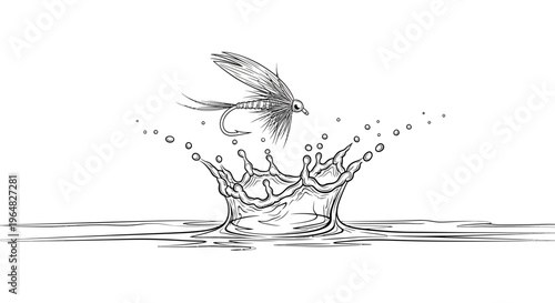 Detailed monochromatic illustration of a delicate fishing fly hovering above an energetic water