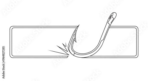 Dynamic line art illustration of a sharp fishing hook piercing through a rectangular border with