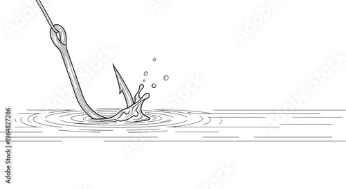 Dynamic line art captures a fishing hook breaking the water's surface, creating captivating
