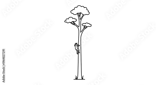 Minimalist line art illustration of a person diligently climbing a tall tree with sparse foliage