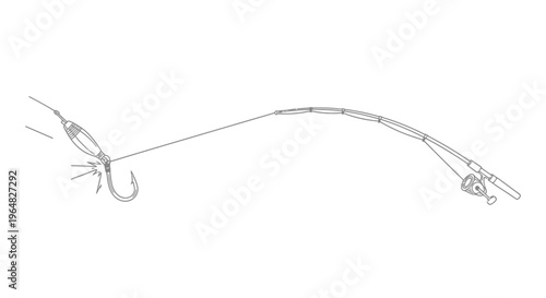 Minimalist line art illustration of a complete fishing rod setup with a hook and line