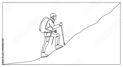 Continuous line drawing of an adventurous hiker ascending a challenging mountain slope with
