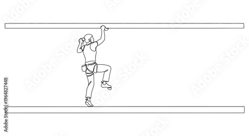 Dynamic single line illustration of a climber reaching for the next hold with determination
