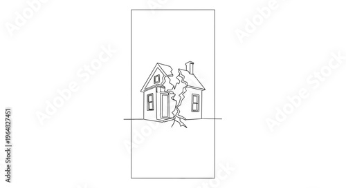 Minimalist continuous line art illustrating a fractured dwelling, symbolizing deep separation,