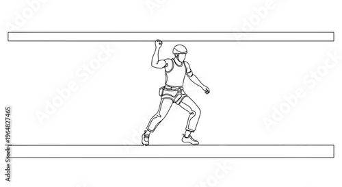 Dynamic minimalist line art depicting a climber safely traversing an elevated challenge between