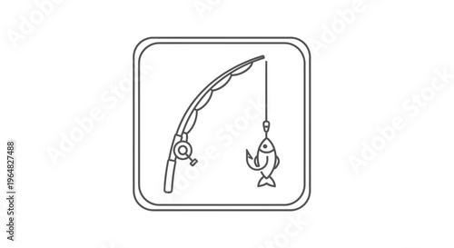 Outline vector graphic of a fishing equipment with a catch for leisure activity representation