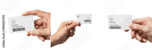Fotografie Set of hands holding white plastic membership cards with barcodes for identification, retail loyalty programs, and secure access on a white background