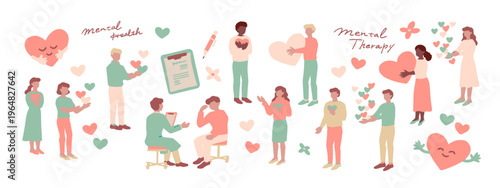 メンタルヘルスケア、うつ病ケア、心療内科、ストレスケアなどの人物の手書きベクターイラスト素材セット Hand drawn vector illustration set of mental health care, psychosomatic medicine, stress care, etc.