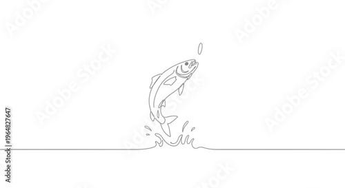 Dynamic fish leap in continuous line art style with water splash minimal design