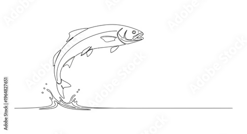 Dynamic single line art of a leaping fish breaking surface tension creating captivating water