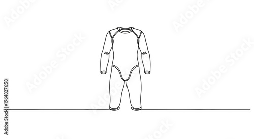Minimalist continuous line art illustration depicting a full-body water sport garment for aquatic