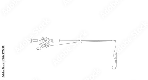 A precise line art illustration depicting essential fishing equipment, featuring a rod, reel, and