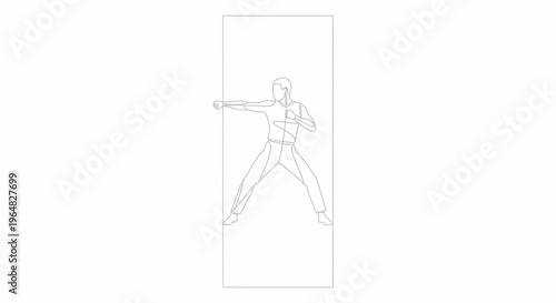 Dynamic one-line art depiction of a person in a powerful martial arts stance, emphasizing
