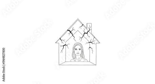 Emotional strain visualised: a woman feeling trapped in a cracking house symbolizing inner turmoil