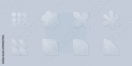 Abstract y2k geometric shapes set. Glassmorphism design elements. Various vector figures, with transparent glass effect