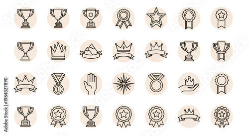 Collection of award trophies, medals, crowns, ribbons, and achievement icons for design and celebration graphics.